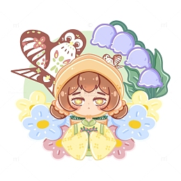 绿色治愈手绘风春天小女孩系类元素