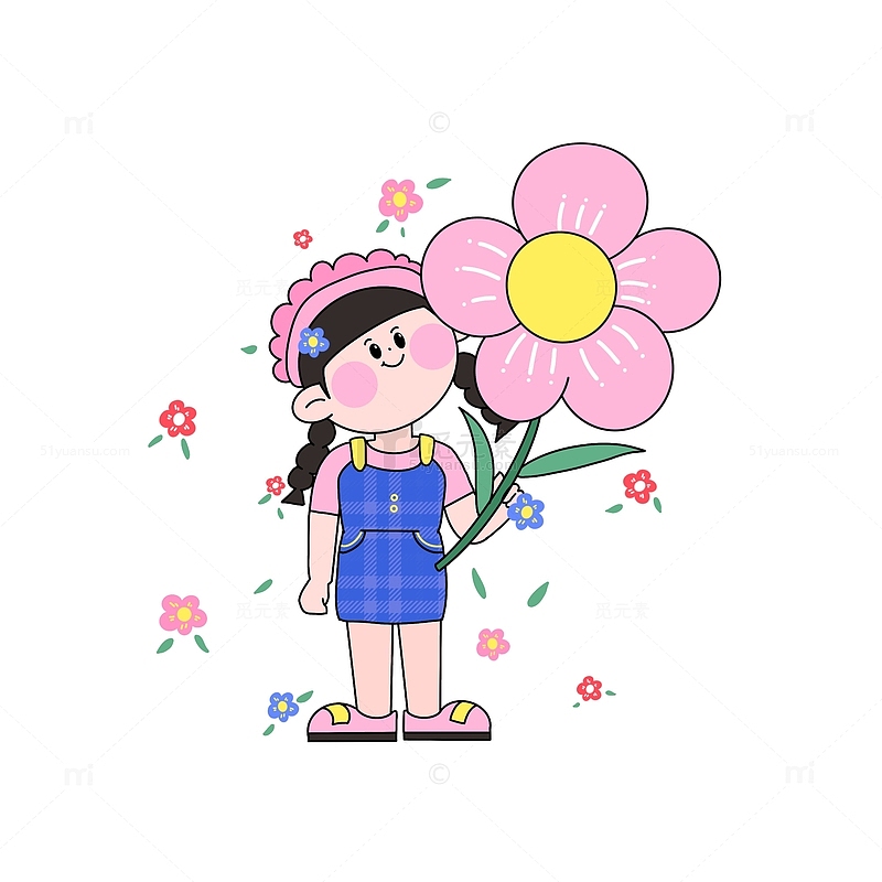 春天手绘卡通儿童人物春日花朵鲜花