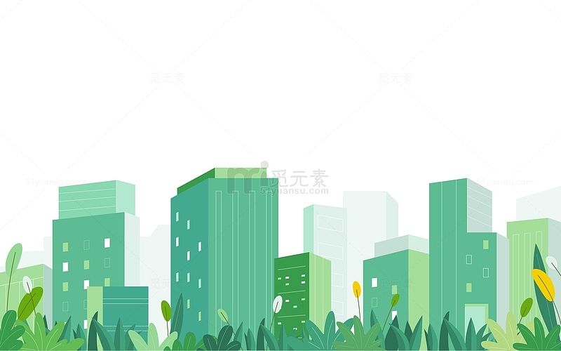 绿色扁平插画文明城市建设建筑楼房背景素材