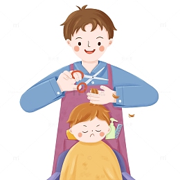卡通剪头发人物男孩理发二月龙抬头手绘元素
