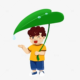 卡通手绘撑叶子的小男孩