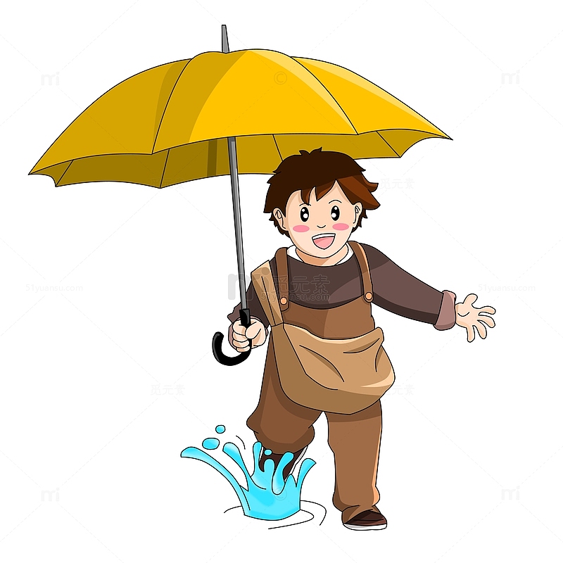 雨水节气撑伞踩水坑的卡通男孩手绘