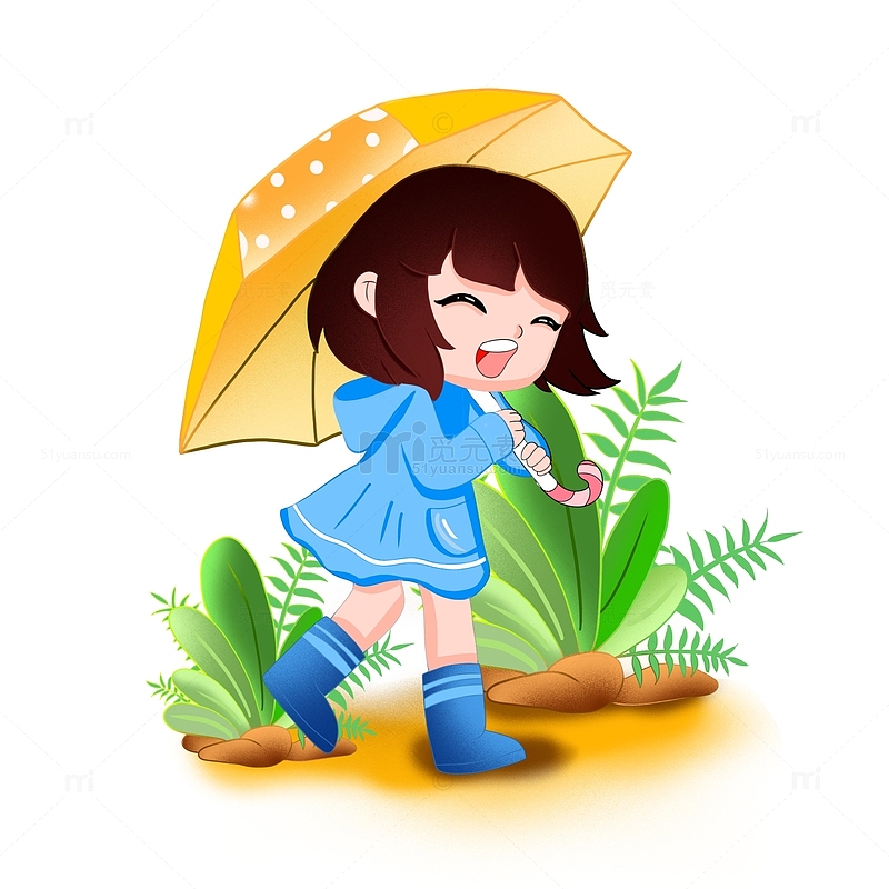 小清新手绘雨水打伞踏青可爱插画