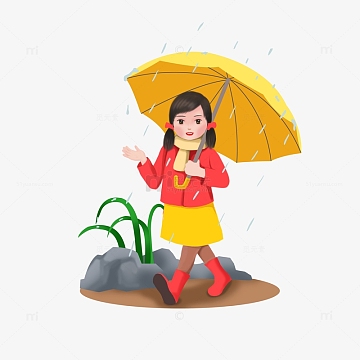 黄色小清新雨中打伞小女孩