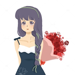 紫发绑头带女孩拿着捧花手绘图