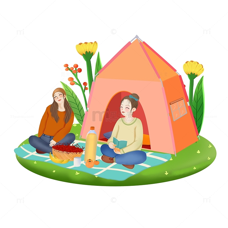 春天两个女孩一起露营郊游
