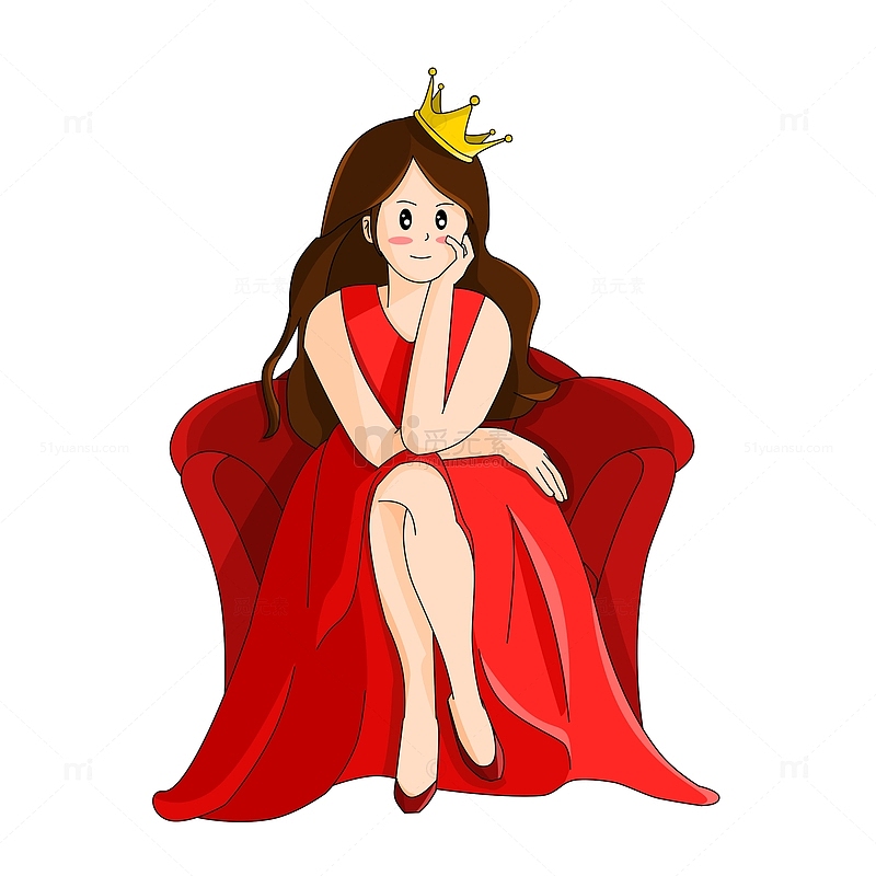 38妇女节坐姿女王戴皇冠红裙子卡通手绘图