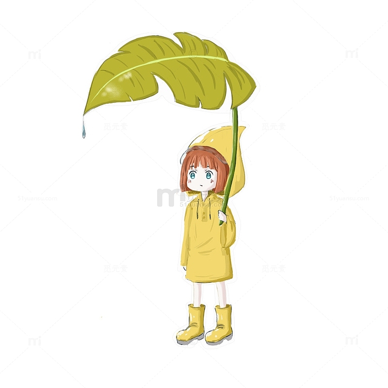 绿色黄色大叶子卡通少女树叶伞元素
