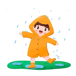 雨水节气男孩穿雨衣在雨中玩耍元素