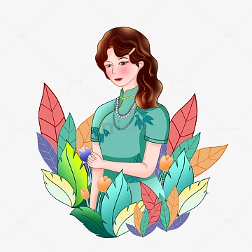 手绘妇女节旗袍美女国风小插画场景元素