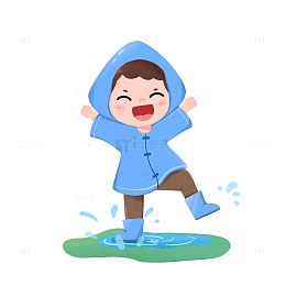 下雨天男孩在户外玩水坑免抠元素
