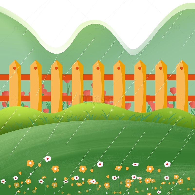 雨水栅栏春天绿色草坪