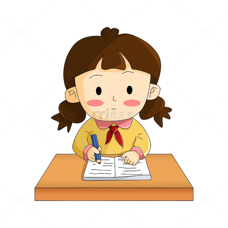 开学季写作业带红领巾的可爱卡通小学生女孩