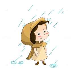 雨水气节穿雨衣在雨中淋雨的小女孩