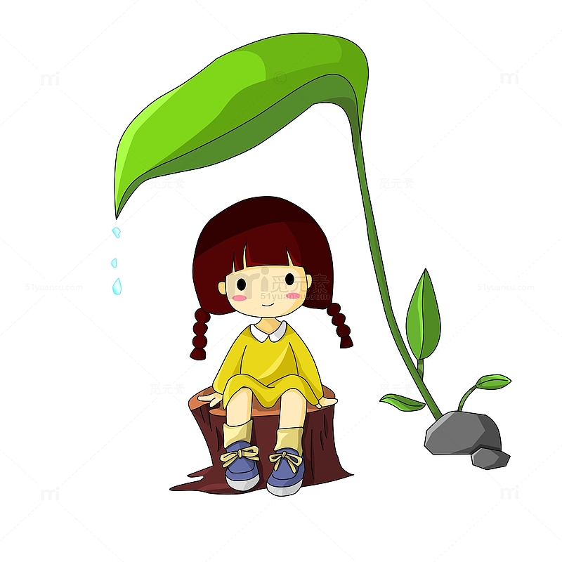 雨水气节坐树桩滴水叶子下的小女孩