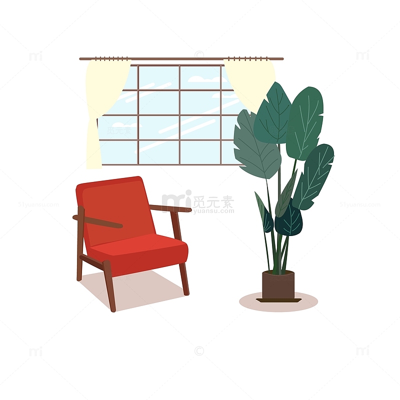 扁平风室内家居卧室椅子植物装饰元素