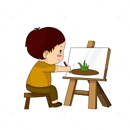 开学季在画架前画画的小学生小男孩