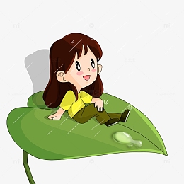 雨水节气水珠叶子淋雨小女孩卡通手绘