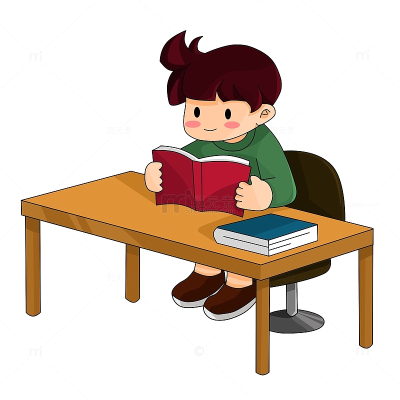 开学季坐在书桌上看书的卡通男孩