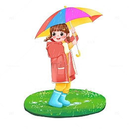 手绘卡通雨水下雨撑伞女孩人物雨伞草地