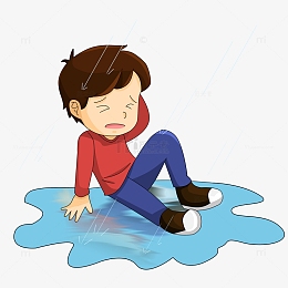 在雨中摔倒哭泣的卡通小男孩