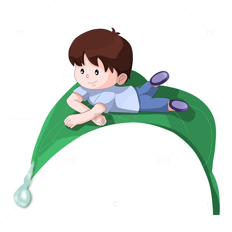 躺在滴水叶子上的卡通男孩