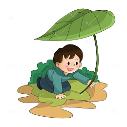 摘叶子挡雨的小男孩