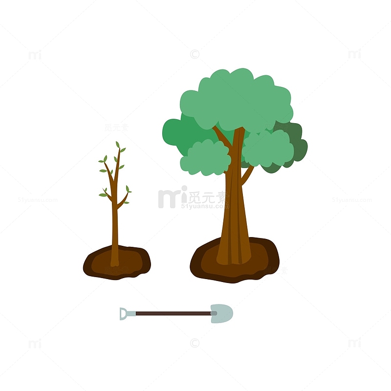 绿色小清新手绘植树节树苗，树，铁撬元素