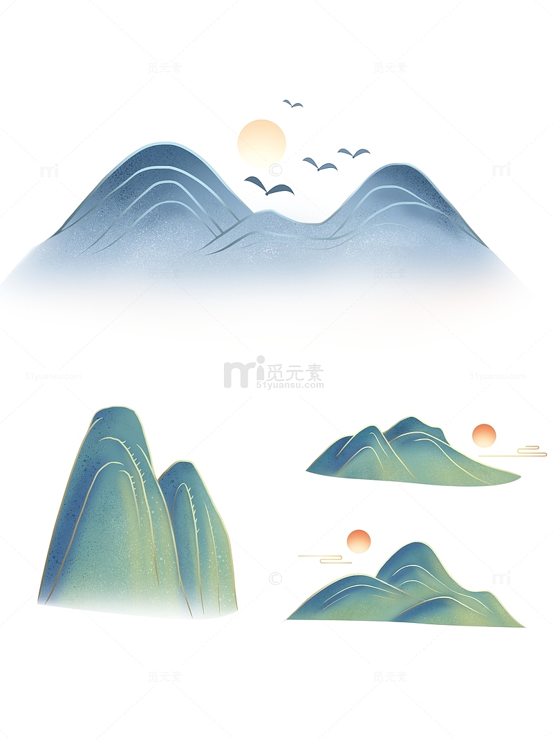 青绿色中国风国潮山水免抠山体插画元素