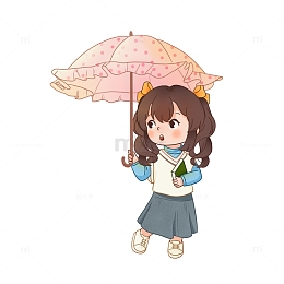 雨水撑洋伞的女孩卡通Q版手绘图