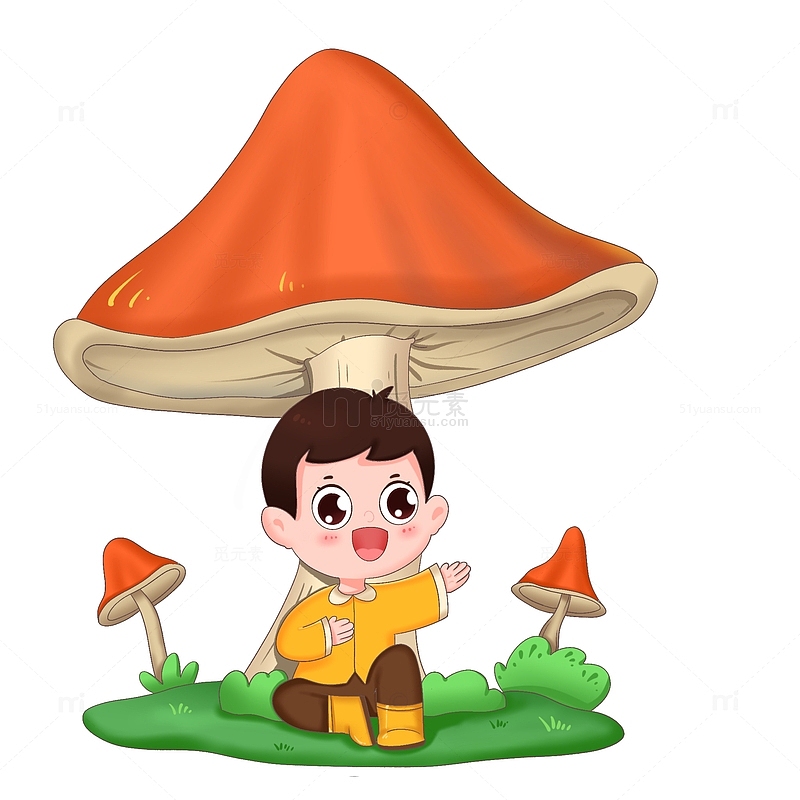 春天男孩坐在蘑菇下元素