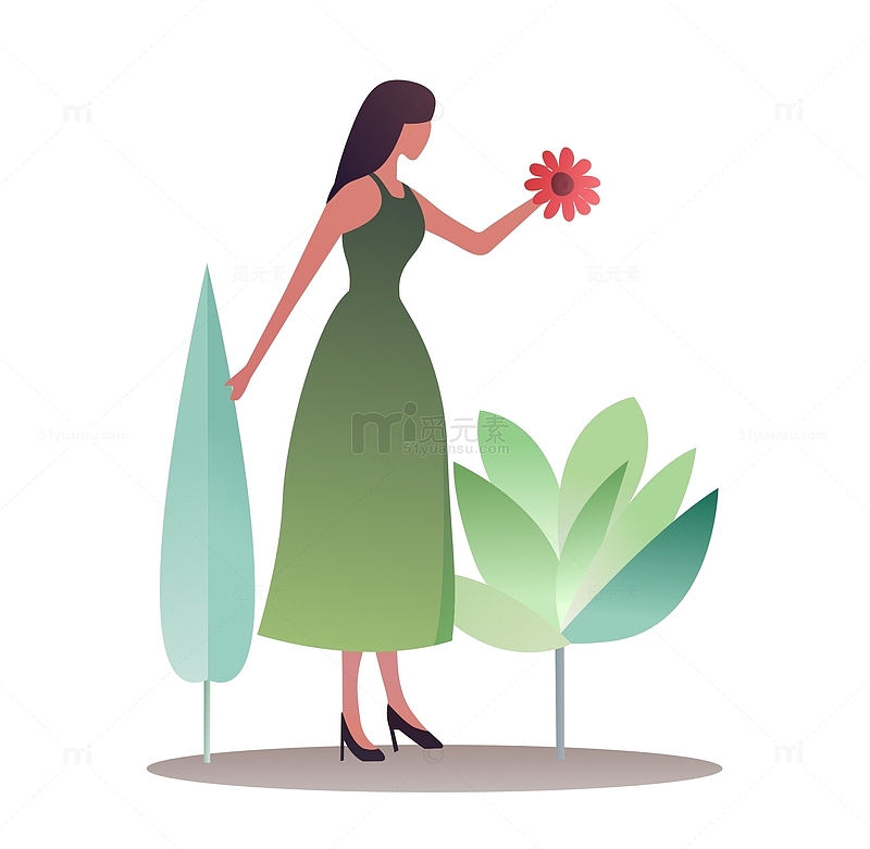扁平绿色裙子女人女孩拿着花植物