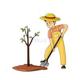 带草帽铲泥植树的青少年