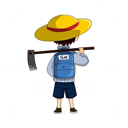 背锄头植树种植的小学生背影