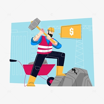 矢量工人锤子砸石头推车工地