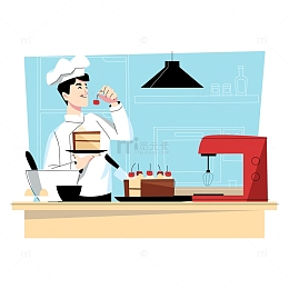 矢量厨师烹饪蛋糕樱桃品尝