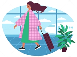 矢量女孩行李箱旅游登机盆栽