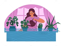 矢量元素女孩花草浇水窗台