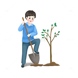 蓝色植树节男孩铲土植树