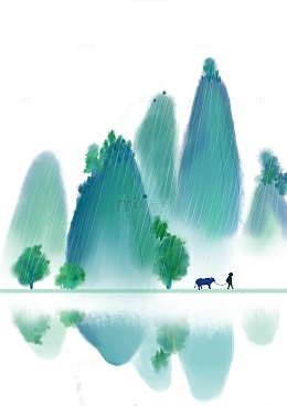 手绘江南烟雨牧童人物惊蛰倒影素材