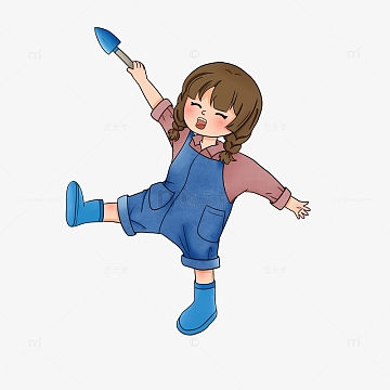 植树节背带裤女孩铲子植树工具卡通手绘图