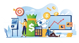 矢量抽象卡通人物靶心目标电脑数据金钱钱币