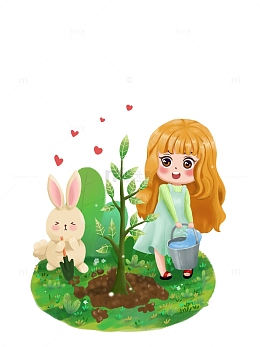 植树节提水的小女孩种树的兔子树苗