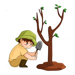 蹲着植树铲泥推土的卡通男孩