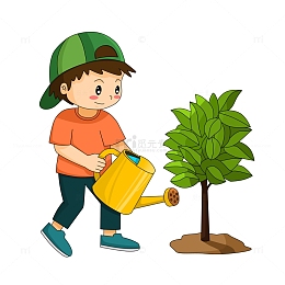 给树浇水的卡通男孩