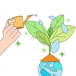描边风创意植树节装饰手浇水