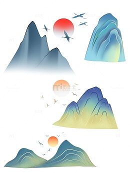青绿色中国风国潮山水飞鸟山体免扣插画元素