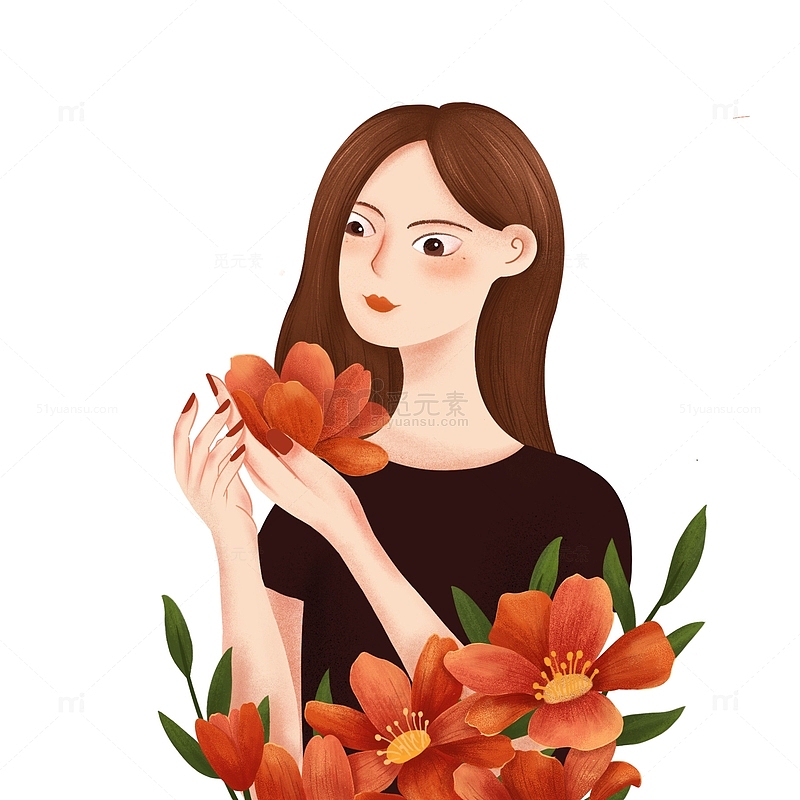 鲜花和女生手绘人物海报元素