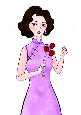 旗袍女手持玫瑰