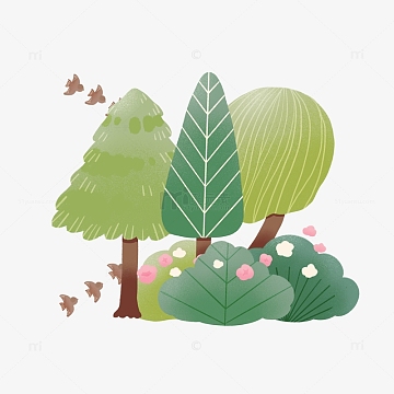 植树节树丛花朵鸟